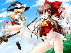  2girls bagua battle blonde_hair bow broom brown_eyes brown_hair cameltoe female_focus gohei hair_bow hakurei_reimu hat highres kamiya_tomoe kirisame_marisa long_hair midriff mini-hakkero multiple_girls no_pants ofuda panties pantyshot red_eyes skirt touhou trigram underwear witch witch_hat  rating:Questionable score:20 user:danbooru