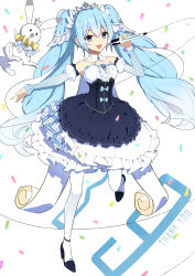  1girl 1other 39 absurdres animal_ears aqua_eyes aqua_hair bare_shoulders breasts detached_collar dress fortissimo frilled_dress frills full_body hair_between_eyes hair_ornament hatsune_miku highres holding holding_microphone long_hair long_sleeves looking_at_viewer medium_breasts microphone miku_day musical_note musical_note_hair_ornament official_alternate_costume official_alternate_hairstyle open_mouth puffy_long_sleeves puffy_sleeves rabbit rabbit_ears rabbit_tail rabbit_yukine smile strapless strapless_dress tail torry912 vocaloid white_background yuki_miku yuki_miku_(2019) 