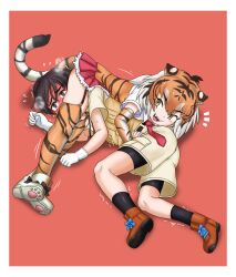 &gt;_&lt; 1boy 1girl ? adansosutega animal_ears animal_print arm_support arms_up bare_arms between_legs bike_shorts bike_shorts_under_shorts black_thighhighs blush breast_pocket brown_hair captain_(kemono_friends) cargo_shorts choke_hold clenched_hand collared_shirt detached_sleeves elbow_gloves embarrassed extra_ears fang femdom flying_sweatdrops full_body furrowed_brow garter_straps gloves hand_on_own_hip hetero highres hug kemono_friends kemono_friends_3 long_hair lying medium_hair miniskirt multicolored_hair necktie open_mouth orange_hair pocket print_thighhighs red_background scissorhold shirt shoes short_hair short_sleeves shorts shorts_under_shorts sidelocks simple_background skirt smile strangling streaked_hair struggling sumatran_tiger_(kemono_friends) sweat tail thighhighs tiger_ears tiger_girl tiger_print tiger_tail trembling white_gloves wrestling yellow_eyes zettai_ryouiki 
