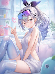  1girl backless_outfit backless_sweater blush breasts closed_mouth curvy deep_skin dot_nose facing_viewer goggles heart heart-shaped_pupils highres honkai:_star_rail honkai_(series) looking_at_viewer looking_to_the_side medium_breasts one_eye_closed poi_1 ponytail revealing_clothes seductress shiny_clothes silver_wolf_(honkai:_star_rail) sitting skindentation sleeveless sweater symbol-shaped_pupils thick_thighs thighhighs thighs tongue tongue_out v  rating:Explicit score:33 user:tongdal01