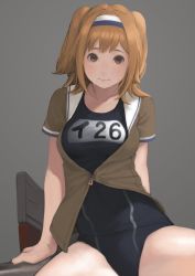  10s 1girl breasts brown_eyes female_focus hairband i-26_(kancolle) kantai_collection light_brown_hair long_hair name_tag new_school_swimsuit open_clothes sailor_collar sara_manta school_swimsuit short_sleeves smile solo swimsuit swimsuit_under_clothes two_side_up  rating:Questionable score:6 user:Tototodile