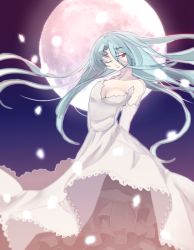  1girl asupirin bad_id bad_pixiv_id banshiryuu blue_hair dress female_focus gloves long_hair moon night one_eye_closed red_eyes seihou solo very_long_hair white_dress white_gloves yuitia 