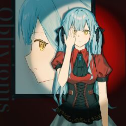  1girl absurdres ascot bang_dream! bang_dream!_it&#039;s_mygo!!!!! black_ascot black_corset black_ribbon blue_hair character_name commentary corset hair_ribbon hand_up highres hu_pi_xuan_jiao long_hair oblivionis_(bang_dream!) red_shirt ribbon shirt short_sleeves sidelocks solo togawa_sakiko yellow_eyes 