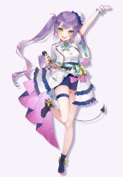  1girl :d absurdres aqua_bow aqua_bowtie arm_up blue_shorts blush bow bowtie collared_shirt commentary demon_tail full_body green_eyes grey_background hair_ornament hairclip highres holding holding_microphone hololive izumi_kei jacket leg_up long_hair looking_at_viewer microphone open_clothes open_jacket open_mouth purple_hair shirt shorts simple_background smile solo tail thigh_strap tokoyami_towa twintails virtual_youtuber white_jacket white_shirt 