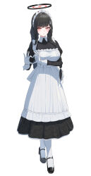  1girl absurdres alternate_hairstyle black_shoes blue_archive braid breasts commentary_request full_body furrowed_brow hair_ornament hairclip halo heart heart_hands highres large_breasts long_hair long_sleeves looking_at_viewer maid maid_headdress parted_lips pige_pig red_eyes rio_(blue_archive) shoes simple_background socks solo standing twin_braids white_background white_socks wrist_cuffs 