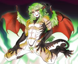  1boy claws colored_skin demon_boy fangs green_hair isaki kneeling long_hair monster_boy nipples original pubic_hair pussy red_eyes reverse_newhalf slit_pupils white_skin wings  rating:Explicit score:13 user:charleydodger