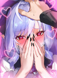  1boy 1girl black_nails covering_own_mouth fingernails hand_on_another&#039;s_head heart heart-shaped_pupils highres looking_at_viewer multicolored_hair nail_polish pointy_ears red_eyes solo_focus streaked_hair symbol-shaped_pupils upper_body vivian_banshee white_hair wise_(zenless_zone_zero) zenless_zone_zero zonotaida 