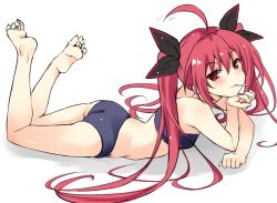 1girl ahoge bikini black_bikini candy date_a_live flat_chest food itsuka_kotori lying moeki_yuuta on_stomach red_eyes red_hair shadow solo swimsuit twintails v-shaped_eyebrows rating:Sensitive score:19 user:danbooru