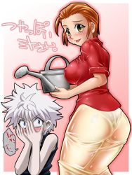 1boy 1girl :p ass bare_shoulders blue_eyes blush border breasts covering_own_eyes cowboy_shot embarrassed gradient_background highres hoimin_(anchangdeath) hunter_x_hunter japanese_text killua_zoldyck large_breasts light_purple_hair looking_at_another looking_back medium_breasts mito_freecss orange_hair outline outside_border panties peeking_through_fingers pink_background pink_outline red_shirt see-through_clothes shirt short_hair shy simple_background skirt sleeveless sleeveless_shirt sleeves_rolled_up speech_bubble standing sweatdrop tagme tongue tongue_out translated underwear watering_can wet wet_clothes white_border yellow_skirt rating:Questionable score:79 user:ex8139