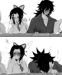  1boy 1girl absurdres alternate_universe blush breast_rest breasts contemporary cum ejaculation greyscale hair_ornament heart highres kimetsu_gakuen kimetsu_no_yaiba kochou_shinobu kurenaiz_(kuayrenaiz) masturbation monochrome school_uniform sexually_suggestive sitting spoken_heart stealth_masturbation tomioka_giyuu  rating:Explicit score:146 user:danbooru