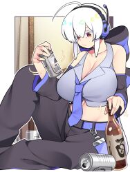  1girl ahoge armband bare_shoulders beer_bottle beer_can bellupup boots breasts can cleavage detached_sleeves drink_can headphones highres indoors knee_boots large_breasts long_hair midriff necktie on_floor purple_necktie red_eyes solo vest vocaloid voyakiloid white_hair yowane_haku 