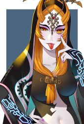  1girl akanbe artist_name black_hood black_skin bozu_ka breasts collarbone colored_skin commentary dated eyelashes eyelid_pull highres long_hair looking_at_viewer low-tied_long_hair midna midna_(true) multicolored_skin nail_polish navel nintendo orange_eyes purple_nails red_hair solo the_legend_of_zelda the_legend_of_zelda:_twilight_princess tiara tongue tongue_out two-tone_skin white_skin 