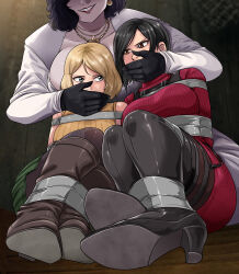  3girls absurdres ada_wong alcina_dimitrescu ashley_graham black_gloves boots bound breasts covering_another&#039;s_mouth gagged gloves green_skirt hand_gagged hand_over_another&#039;s_mouth high_heel_boots high_heels highres kidnapped large_breasts lost_one_zero multiple_girls pantyhose resident_evil resident_evil_village restrained skirt tape tape_bondage 