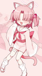  1girl :d animal_ear_fluff animal_ears back_bow blue_archive blunt_bangs blush bow bow_choker cat_ears cat_girl cat_tail chlorella_observation_club_member_(blue_archive) choker commentary extra_ears facing_viewer full_body hair_bobbles hair_ornament hair_over_eyes halo hand_up happy highres japanese_clothes kimono kneehighs long_bangs loose_socks medium_hair neckerchief needle_(574187457) open_mouth outline pink_background pink_bow pink_hair pink_halo pink_kimono pink_sandals red_neckerchief sailor_collar sandals school_uniform serafuku short_kimono simple_background sleeves_past_fingers sleeves_past_wrists smile socks solo standing symbol-only_commentary tail thigh_strap two_side_up white_choker white_outline white_sailor_collar white_socks wide_sleeves zoom_layer 
