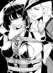  1boy 1girl absurdres antenna_hair bare_shoulders bdsm bondage bound cleave_gag cloth_gag commentary_request cristoforo_(wuthering_waves) female_rover_(wuthering_waves) gag gagged grabbing_another&#039;s_breast groping harris_hero highres improvised_gag looking_at_another monochrome rope rover_(wuthering_waves) short_hair sleeveless upper_body wuthering_waves 