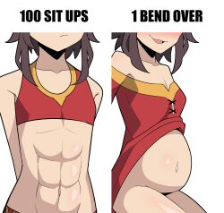  100_sit_ups_1_bend_over 1girl abs absurdres belly big_belly bluebutt05 bluebutter bottomless breast_expansion breast_growth breasts female_focus flat_chest highres kono_subarashii_sekai_ni_shukufuku_wo! loli megumin meme pregnant pregnant_loli progression small_breasts solo time_skip undressing  rating:Questionable score:220 user:Xotoj