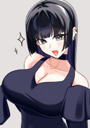  1girl :d aqua_eyes barbell_piercing bigthirteen0301 black_choker black_dress black_hair blunt_bangs blush bocchi_the_rock! breasts choker colored_inner_hair detached_sleeves dress ear_piercing earrings eyes_visible_through_hair forked_tongue goth_fashion grey_background hair_between_eyes highres hime_cut industrial_piercing jewelry labret_piercing large_breasts long_hair long_sleeves looking_at_viewer mole mole_on_breast multicolored_hair open_mouth pa-san piercing purple_hair simple_background sleeves_past_fingers sleeves_past_wrists smile solo straight_hair strapless strapless_dress tongue two-tone_hair upper_body very_long_hair 