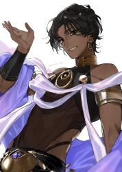  1boy arjuna_(fgo_fes._2025)_(fate) black_eyes black_hair covered_navel dark-skinned_male dark_skin earrings fate/grand_order fate_(series) gold_armlet halter_shirt halterneck highres hoop_earrings jewelry looking_at_viewer male_focus necklace open_mouth parted_bangs purple_sash sash see-through_clothes see-through_shirt shawl shimezu_06 shirt simple_background sleeveless smile solo upper_body wavy_hair white_background 