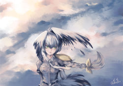  1girl alternate_hairstyle arm_at_side belt bird_tail black_gloves blonde_hair bow braid breast_pocket closed_mouth cloud cloudy_sky day expressionless fingerless_gloves floating_hair gloves green_eyes grey_hair grey_neckwear grey_shirt hair_between_eyes hair_bow hand_on_own_chest hand_up head_wings kemono_friends layered_sleeves lips long_hair long_sleeves looking_to_the_side low-tied_long_hair multicolored_hair outdoors pocket samesena shirt shoebill_(kemono_friends) short_over_long_sleeves short_sleeves side_ponytail single_braid sky solo tail taut_clothes taut_shirt twitter_username upper_body very_long_hair wind wings  rating:Sensitive score:4 user:danbooru