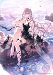 1girl arutera bird black_dress dress feet_in_water left_shoe_removed long_hair ocean original rock shoes single_shoe sitting solo very_long_hair water