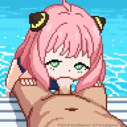  1boy 1girl animated animated_gif anya_(spy_x_family) artist_name bikini blue_bikini clothed_female_nude_male cum cum_in_mouth fellatio green_eyes hetero loli looking_at_viewer nude old old_man one-piece_swimsuit oral outdoors paradigma7 penis pink_hair pixel_art pool poolside pov pov_crotch school_swimsuit self-upload signature small_penis solo_focus spy_x_family swimsuit wading_pool 