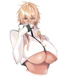  2023 bleach blonde_hair breasts colored_eyelashes cropped_jacket dark-skinned_female dark_skin espada female_focus green_eyes highres large_breasts looking_at_viewer mask mayana_(bbpp) sidelocks simple_background tier_harribel underboob upper_body 