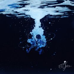 1other absurdres air_bubble artist_name backpack bag blue_jacket bubble commentary dark diving gloves helmet highres jacket kazunoko_(kazunoko_zunoco) looking_up orbited original other_focus signature solo space_helmet submerged underwater white_gloves