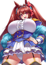  1girl absurdres animal_ears bad_id bad_pixiv_id black_thighhighs blush breasts cho!cho! crossed_bangs daiwa_scarlet_(umamusume) epaulettes fang feather_boa from_below garter_straps hair_intakes hair_ornament hands_on_own_hips highres horse_ears horse_girl huge_breasts long_sleeves looking_at_viewer looking_down open_mouth panties red_eyes simple_background skin_fang skirt smile solo thighhighs tiara twintails umamusume underwear white_background white_panties  rating:Sensitive score:88 user:danbooru