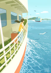  1girl artist_logo artist_name bird black_hair blue_skirt blue_sky bracelet chair cloud commentary day english_commentary ferry_(ship) floating_hair from_side highres jewelry logo long_hair long_skirt ocean on_ship original outdoors ponytail railing rolling_suitcase scenery seagull ship shirt skirt sky sleeveless sleeveless_shirt solo standing suitcase taizo_(taizo_03) water watercraft wide_shot window yellow_shirt 