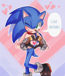  1boy animal_ears animal_nose blue_fur blush commentary english_text felichiii furry furry_male gloves green_eyes heart heart_hands hedgehog_boy highres looking_at_viewer male_focus official_alternate_costume one_eye_closed open_mouth shoes smile sonic_(series) sonic_prime sonic_the_hedgehog sonic_the_hedgehog_(no_place_style) speech_bubble standing tail white_gloves 