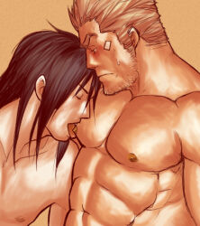  2boys abs bandaid bandaid_on_face bara bare_pectorals beard_stubble biceps black_hair blonde_hair blush cid_highwind closed_eyes closed_mouth collarbone facial_hair final_fantasy final_fantasy_vii licking licking_nipple long_hair looking_at_another looking_down lowres magnum_feering male_focus multiple_boys nipple_stimulation nipples open_mouth pectorals stubble sweatdrop tongue tongue_out topless_male vincent_valentine yaoi 