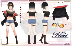  1girl absurdres artist_name black_hair blue_eyes boots breasts character_name character_profile denim denim_shorts detached_sleeves gradient_hair hand_on_own_hip highres jacket large_breasts light_smile midriff multicolored_hair navel nori_(yisusjpl) original profile reference_sheet short_hair shorts sunglasses yisusjpl 