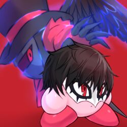  amamiya_ren amamiya_ren_(cosplay) arsene_(persona_5) arsene_(persona_5)_(cosplay) black_hair colored_skin copy_ability cosplay domino_mask hat kirby kirby_(series) mask meta_knight nintendo persona persona_5 pink_skin red_background red_eyes super_smash_bros. suta_(clusta) top_hat 