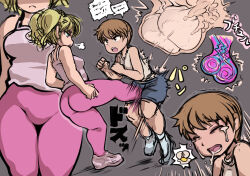  1boy 1girl :&lt; ass ball_busting blonde_hair broken broken_egg brown_eyes brown_hair castration crotch_kick crying egg_(food) egg_yolk femdom food full_body green_eyes grey_background highres loli lower_teeth_only motion_lines multiple_views noise_(lesion949) open_mouth original pants pink_pants pink_tank_top saliva shoes shota sigh sleeveless sneakers speech_bubble tank_top tears teeth testicles tight_clothes tight_pants tsurime twintails x-ray  rating:Explicit score:65 user:pugsaremydrugs