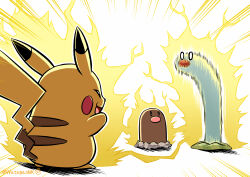  absurdres closed_eyes commentary_request diglett electricity electrocution emphasis_lines gen_1_pokemon happy highres looking_at_another nintendo no_humans open_mouth partial_commentary pikachu pokemon pokemon_(creature) pokemon_focus signature simple_background smile standing twitter_username watagashikn white_background wiglett 