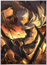  1boy archer_(fate) arrow_(projectile) black_gloves black_shirt bow_(weapon) cape dark-skinned_male dark_skin fate/stay_night fate/unlimited_blade_works fate_(series) fingerless_gloves fire gloves highres holding holding_arrow holding_bow_(weapon) holding_weapon honkai:_star_rail honkai_(series) male_focus official_art planted planted_sword planted_weapon shirt short_hair sleeveless sleeveless_shirt solo sword third-party_source weapon white_cape white_hair 