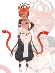  1girl alternate_costume animal_ear_fluff animal_ears bikini black_gloves black_leggings black_socks blue_archive braid cat_ears cat_girl cat_tail commentary_request detached_collar fingerless_gloves gloves hair_between_eyes hand_on_own_hip korean_commentary leggings looking_at_viewer navel neru_(blue_archive) pelvic_curtain pubic_tattoo red_eyes red_hair short_hair single_braid socks solo stirrup_footwear stomach swimsuit tail tattoo weiiew white_bikini yellow_collar 