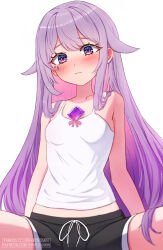  1girl black_shorts blush breasts camisole closed_mouth gem gradient_hair highres hololive hololive_english jewel_under_eye koseki_bijou multicolored_hair pink_hair purple_eyes purple_gemstone purple_hair shiroyumin shorts small_breasts solo spread_legs virtual_youtuber white_background white_camisole 