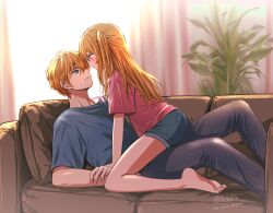 1boy 1girl absurdres asgykk bare_legs barefoot black_pants blonde_hair blue_shirt blush brother_and_sister couch denim denim_shorts eye_contact facing_another hetero highres hoshino_aquamarine hoshino_ruby incest indoors looking_at_another on_couch one_side_up oshi_no_ko pants pink_shirt shirt shorts siblings sitting sitting_on_person star-shaped_pupils star_(symbol) symbol-shaped_pupils twincest twins twitter_username rating:Sensitive score:178 user:danbooru