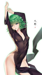  1girl absurdres arms_up aura black_dress breasts cleavage collarbone covered_erect_nipples cowboy_shot da_mao_banlangen dress energy floating_clothes green_eyes green_hair hair_between_eyes highres long_dress looking_at_viewer nipples one-punch_man open_mouth pelvic_curtain perky_breasts pussy pussy_juice pussy_peek see-through_clothes side_slit small_breasts solo tatsumaki thighs translation_request white_background wide_hips  rating:Explicit score:68 user:TokenChan2