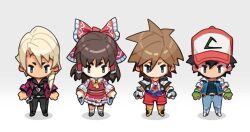  1girl 3boys ace_attorney ascot ash_ketchum baseball_cap belt black_hair black_pants black_shirt blonde_hair blue_belt bodysuit bow brown_hair chibi chibi_only cropped_jacket detached_sleeves drill_hair gloves green_gloves hair_between_eyes hair_over_shoulder hair_tubes hakurei_reimu hat jacket kingdom_hearts klavier_gavin loose_belt multiple_boys nin_nakajima nintendo pants pokemon pokemon_(anime) pokemon_(classic_anime) purple_jacket red_bodysuit red_bow red_hat red_shirt red_skirt shirt shoes short_hair sidelocks skirt sora_(kingdom_hearts) spiked_hair touhou white_gloves wide_sleeves yellow_ascot yellow_shoes 