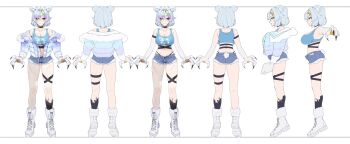  1girl absurdres animal_ears animal_hands arm_strap bear_ears bear_girl bear_tail black_choker blue_hair blue_jacket blue_shorts blue_tank_top boots breasts choker cleavage collarbone gradient_hair grey_hair hair_ornament hairpin highres icey_snowpaws jacket kamameshi_gougoumaru lace-up_boots multicolored_hair multiple_views navel navel_piercing open_clothes open_fly open_jacket pantyhose piercing purple_hair reference_sheet second-party_source short_hair short_shorts shorts single_leg_pantyhose stomach tail tank_top torn_clothes torn_pantyhose vallure virtual_youtuber white_boots yellow_eyes 