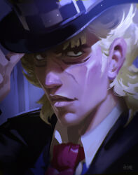  1boy adjusting_clothes adjusting_headwear black_eyes black_hat black_jacket blonde_hair checkered_hat collared_shirt hat highres hozure jacket jojo_no_kimyou_na_bouken looking_at_viewer necktie phantom_blood portrait red_necktie robert_e._o._speedwagon scar scar_on_face shirt top_hat white_hat white_shirt 