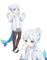  1girl :d absurdres asymmetrical_hair black_thighhighs blue_nails blue_streaks blunt_bangs blush collarbone fang fins fish_tail gawr_gura grey_hair grey_skirt hair_bun highres hololive hololive_english jacket looking_at_viewer middle_finger multicolored_hair nail_polish open_clothes open_jacket open_mouth pencil_skirt sandals shark_girl shark_tail shirt skirt sleeves_past_wrists smile solo streaked_hair tail thighhighs ugaaaa1 unbuttoned_sleeves virtual_youtuber white_background white_jacket white_shirt 