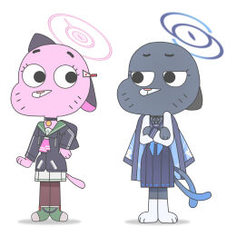  2girls animal_ears black_choker black_eyes black_halo black_jacket black_pantyhose black_sailor_collar black_skirt blue_archive blue_neckerchief bow bow_choker cat cat_ears cat_tail choker commentary_request crossed_arms full_body furrification furry furry_female green_sailor_collar green_shoes gumball_watterson hair_ornament hairclip halo hand_on_own_hip haori highres hood hooded_jacket jacket japanese_clothes kazusa_(blue_archive) kikyou_(blue_archive) kimono_on_shoulders long_sleeves looking_at_another multiple_girls multiple_tails neckerchief nekomata pantyhose pendant_choker pink_halo pink_neckerchief pleated_skirt sailor_collar sam_szero school_uniform serafuku shoes simple_background skirt standing tail the_amazing_world_of_gumball two_tails white_serafuku white_skirt 