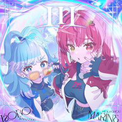  2girls absurdres adjusting_eyewear bent_over black_gloves black_shirt black_shorts black_skirt blue_eyes blue_hair blue_jacket blush breasts character_name collarbone copyright_name crop_top ear_piercing earrings fingerless_gloves gloves hair_ornament hasu heart heart-shaped_pupils heart_earrings heart_hair_ornament heterochromia highres hololive hololive_indonesia houshou_marine iii_(hololive) jacket jewelry kobo_kanaeru large_breasts long_hair looking_over_eyewear medium_breasts midriff multicolored_hair multicolored_jacket multiple_girls navel official_art orange-tinted_eyewear piercing pleated_skirt red_eyes red_hair red_jacket shirt shorts skirt sunglasses symbol-shaped_pupils tinted_eyewear twintails two-tone_hair two-tone_jacket upper_body virtual_youtuber wavy_hair white_hair white_jacket yellow_eyes 