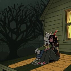  1boy 1girl animal_ears animal_nose antlers asriel_dreemurr blue_pants brown_hoodie buck_teeth commentary december_holiday deer_antlers deer_ears deer_girl deltarune design_speculation english_commentary fangs furry furry_female furry_male glasses goat_boy goat_ears goat_horns green_pants green_shoes green_sweater highres holding_another&#039;s_arm hood hoodie horns on_roof pants red_horns red_nose red_shoes shoes sitting sweater teeth torn_clothes torn_pants vapor_eight white_horns 
