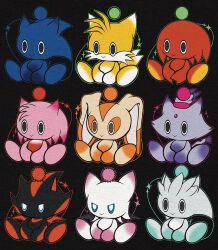 amy_rose animal_ears bat_wings black_skin blaze_the_cat blue_skin cat_ears chao_(sonic) colored_skin cream_the_rabbit grey_skin knuckles_the_echidna mamonoworld multiple_tails orange_skin petite pink_skin purple_skin rabbit_ears red_skin rouge_the_bat sega shadow_the_hedgehog silver_the_hedgehog sitting smile sonic_(series) sonic_adventure sonic_the_hedgehog tail tails_(sonic) two_tails white_skin wings yellow_skin