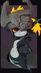  barefoot black_skin blonde_hair breasts colored_sclera colored_skin crown curvy eye_covering fang fang_out fangs feet glowing_tattoo grey_skin hand_on_own_hip helmet long_hair looking_at_viewer midget midna multicolored_skin navel nintendo nude one_eye_covered plump pointy_ears ponytail red_eyes sharp_teeth shortstack simple_background small_breasts tattoo teeth the_legend_of_zelda the_legend_of_zelda:_twilight_princess thick_thighs thighs two-tone_skin very_long_hair wide_hips yellow_sclera 