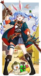  1girl :d animal animal_ear_fluff animal_ears arm_up black_boots black_skirt blue_hair blue_jacket blue_sky blush boots bow braid brown_eyes brown_gloves campfire carrot_hair_ornament cloud commentary_request cosplay cosplay_request day dragon fire fold-over_boots food-themed_hair_ornament full_body gloves goggles goggles_around_neck hair_between_eyes hair_bow hair_ornament highres holding holding_behind_back holding_sword holding_sword_behind_back holding_weapon holding_weapon_behind_back hololive jacket kiritoma knee_boots looking_at_viewer multicolored_hair open_clothes open_jacket open_mouth pleated_skirt rabbit-shaped_pupils rabbit_ears shirt short_eyebrows skirt sky smile standing sword symbol-shaped_pupils tent thick_eyebrows twin_braids twintails two-tone_hair usada_pekora v-shaped_eyebrows virtual_youtuber weapon white_bow white_hair white_shirt 